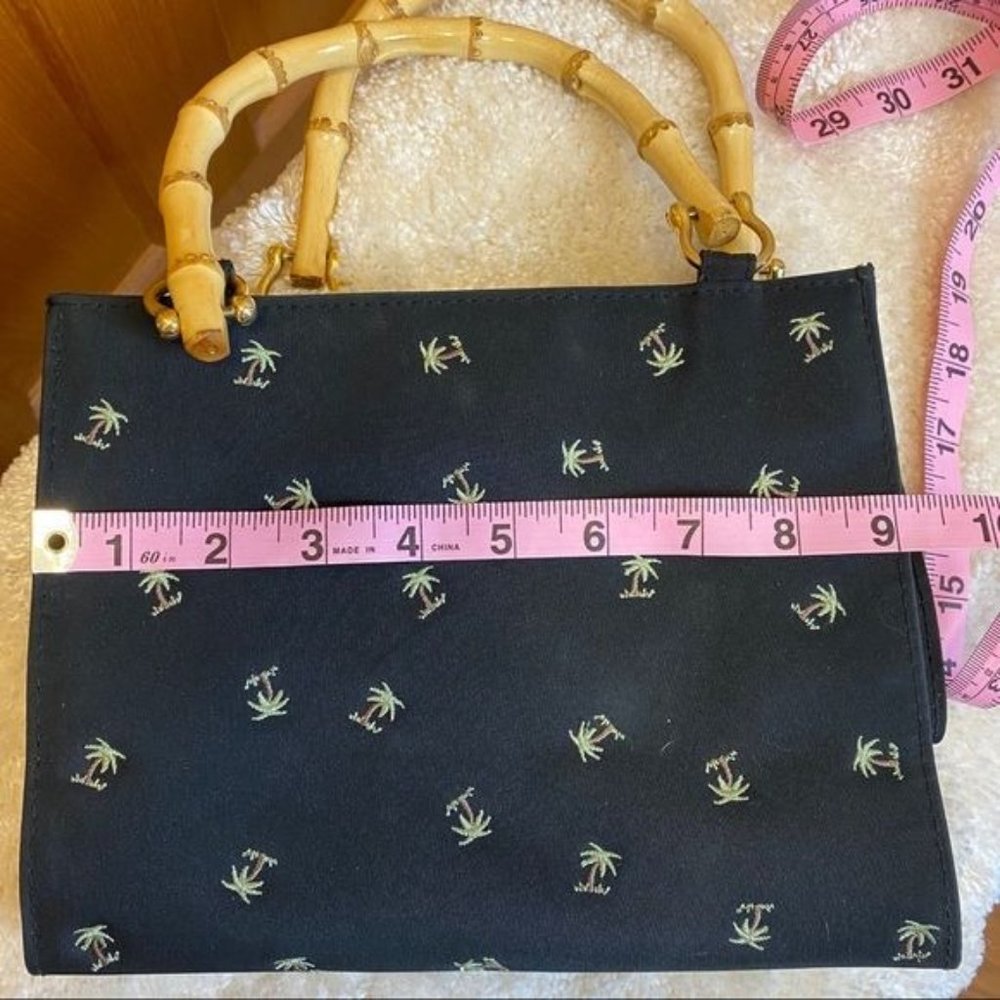 TiannI Black Bamboo Handle Palm Tree Embroidered Handbag - Picture 5 of 6